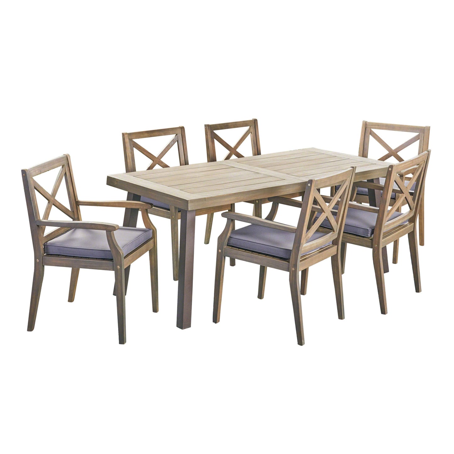 Christopher Knight Home Justin Outdoor 7 Piece Acacia Wood Dining Set, Teak, Gray Finish/Rustic Metal/Dark Gray