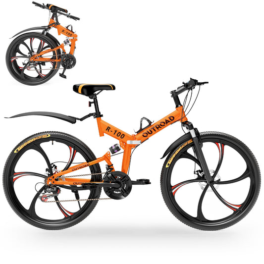 Outroad 26 Inch Folding Mountain Bike, 21 Speed Full Suspension High-Carbon Steel MTB Foldable Bikes, Dual Disc Brake Non-Slip Folding Bicycle for Adults/Men/Women, 26 inch-Orange