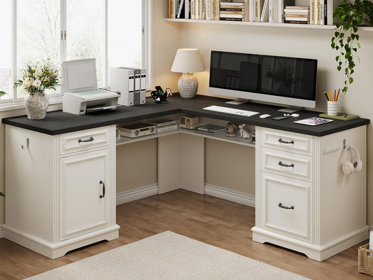Jocoevol L-Shaped Executive Desk with Drawers, 59" Farmhouse Home Office Desk with File Cabinet, Computer Desk with Charging Station & Headphone Hook for Work/Study/Writing (White & Black)