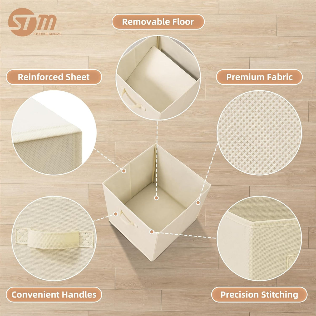 Storage Maniac Collapsible Storage Cubes - 13 Inch Fabric Bins with Handles | 6-Pack Beige for Organized Spaces