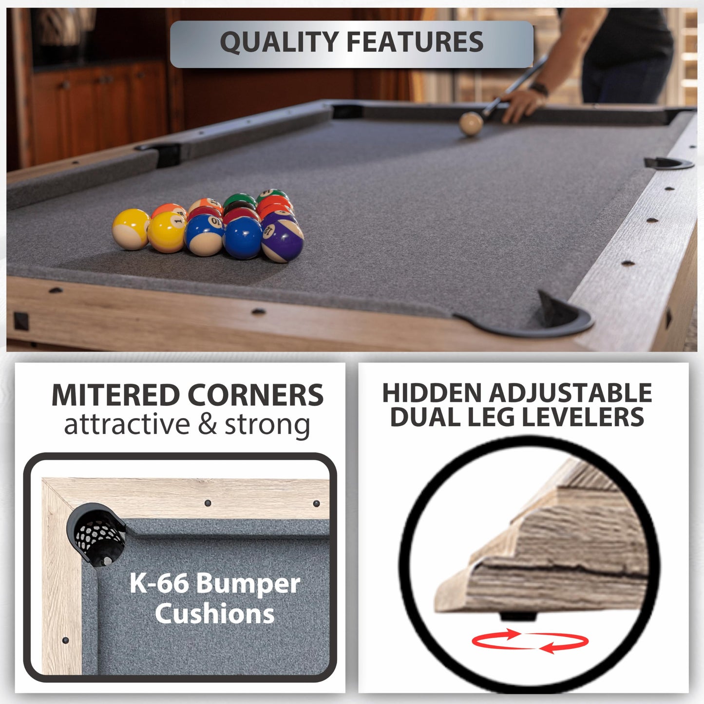 7' 3 in 1 Multi Game Pool Table with Dining Top Pool Ping Pong Table Combo with Dual Storage Bench Seating. Includes Billiards, Ping Pong Accessories. (Rustic Oak with Grey Felt)