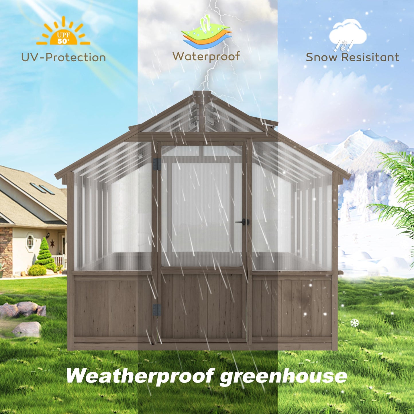 BlueWish 8x12 FT Greenhouse for Outdoors, Wood Green House with Cedar Frame & 6MM Thick Polycarbonate Panel, Walk in Greenhouse with Adjustable Vents for Outdoor, Patio, Garden, Backyard