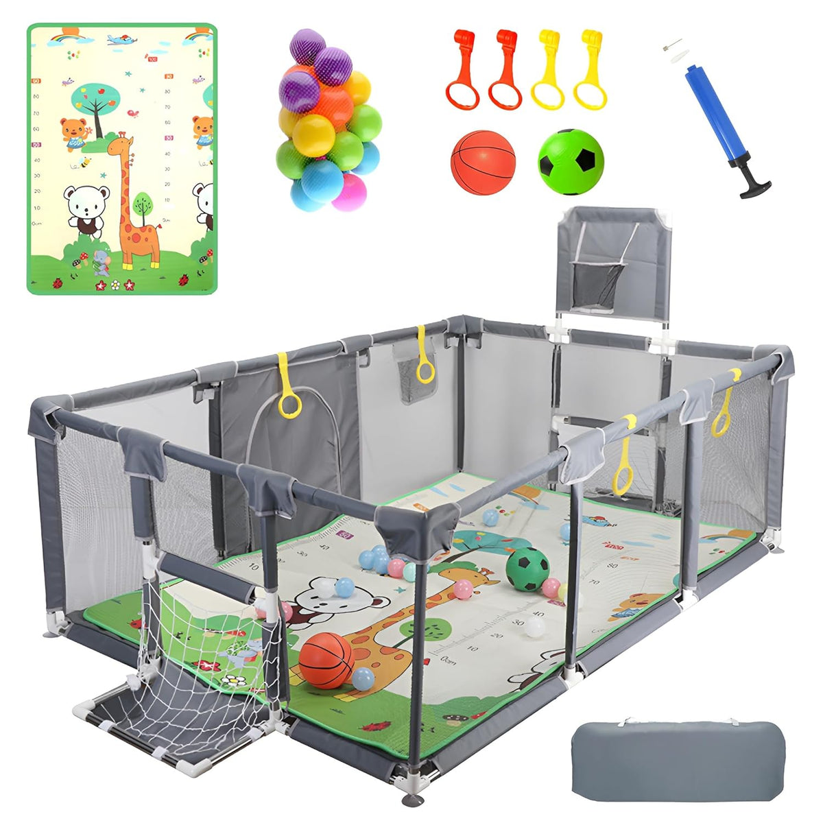 Upgraded Playpen - Enhanced Thick Foldable Mat, Balls, 4 Rings, Storage Bag & Sports Nets - BPA-Free & Safe