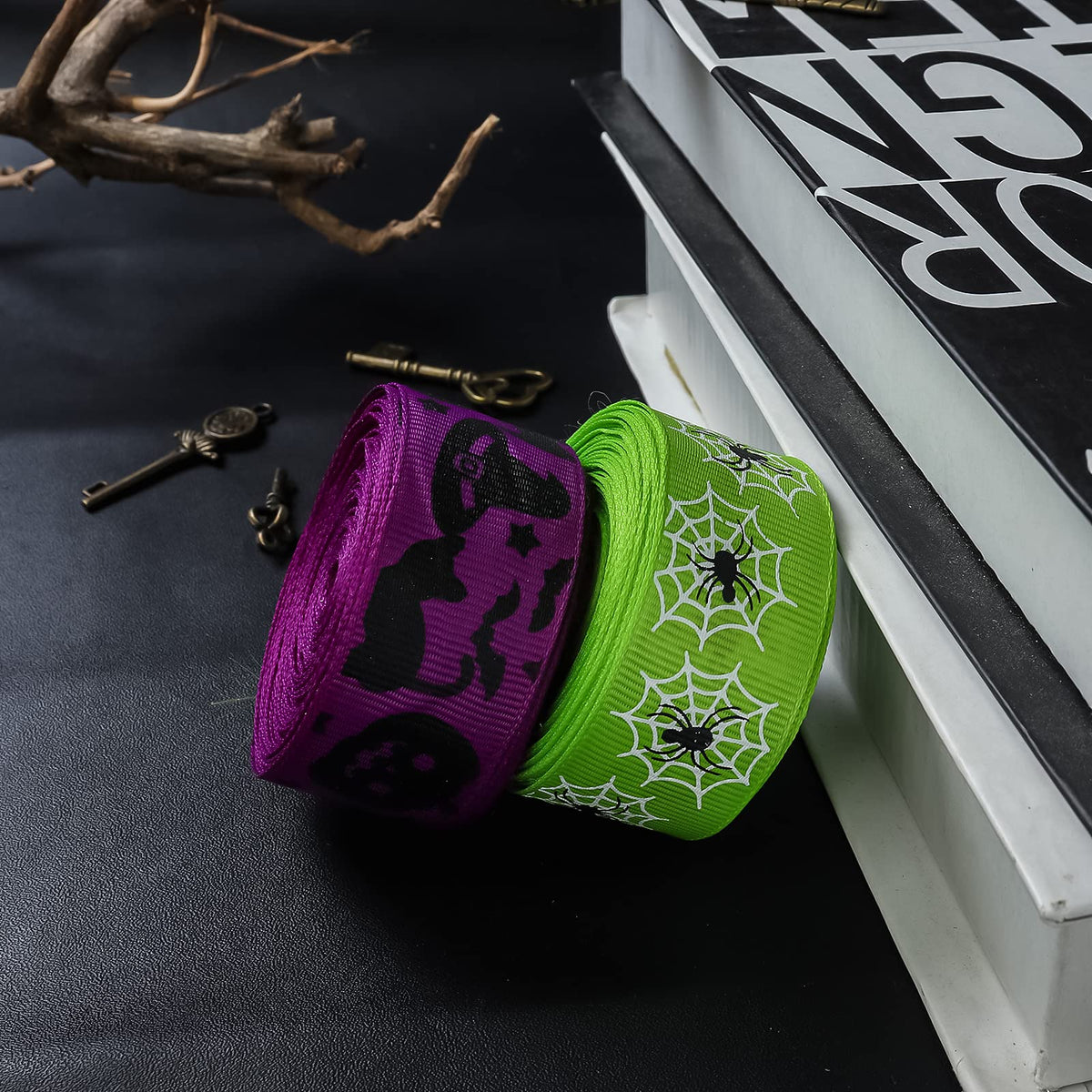 Linsoir Beads 70 Yards Halloween Grosgrain Ribbons Bat Spider Printed Ribbons Witch Hat Skull Pumpkin Ghost Printed Ribbons Assorted Halloween Decorative Wrapping Ribbons for Halloween Home Wreath