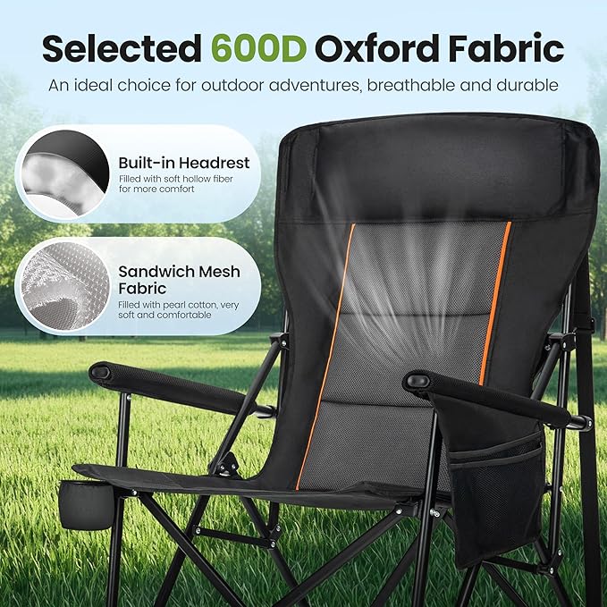 HIGH POINT SPORTS Oversized Folding Camping Chairs for Adults, High Backrest Heavy Duty Lawn Chairs Support 500 LBS Portable Collapsible Camp Chairs with Cup Holders,Side Pocket, 2 Pack, Black
