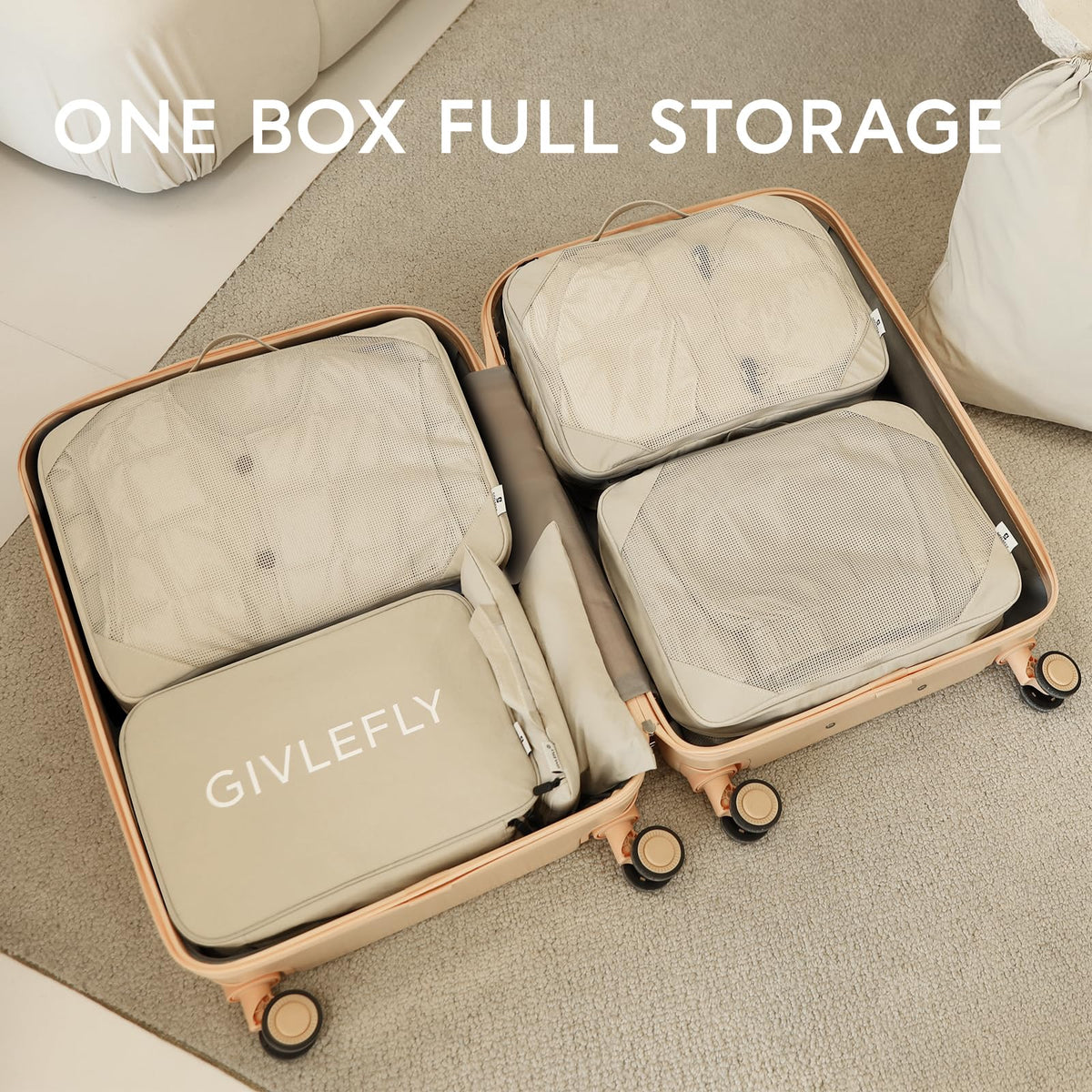 GIVLEFLY 6 Set Compression Packing Cubes for Travel, Lightweight Luggage Organizer Bags, Durable Travel Accessories for Suitcase Organization,Beige