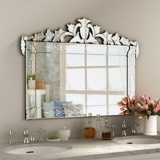 KOHROS Large Decorative Wall Mirrors for Living Room 41x31 Inch Venetian Wall Mirror with Ornate Crown, Etched Floral Design Beveled Edge Rectangle Decorative Mirror for Bedroom Dining Room Hallway