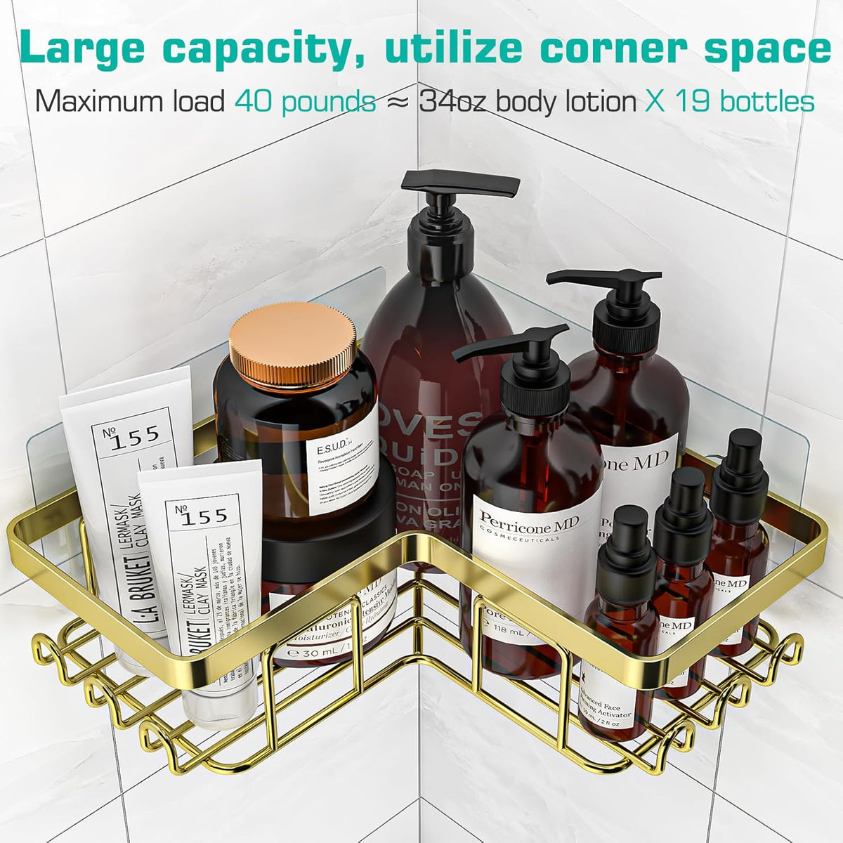 YASONIC Corner Shower Caddy - 3-Pack Adhesive Bathroom Organizer with Soap Holder & 12 Hooks | Rustproof Stainless Steel, Gold