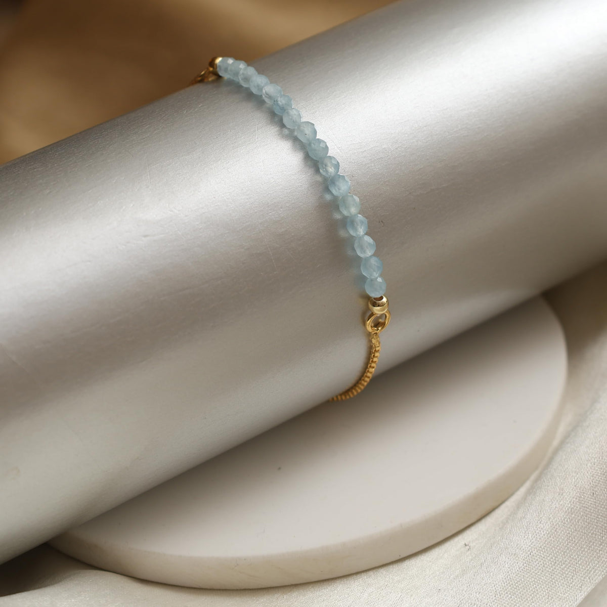 Gempires Birthstone Bracelets for Women, March Birthstone Jewelry, Aquamarine Gemstone Bolo Bracelet, 14k Gold Plated Chain (6-9 inch Adjustable Length)