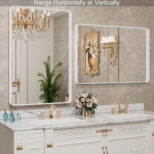 LOAAO White Metal Framed Bathroom Mirror - Large Rounded Rectangle, Anti-Rust, 24x36 Inch | Versatile Wall Mount