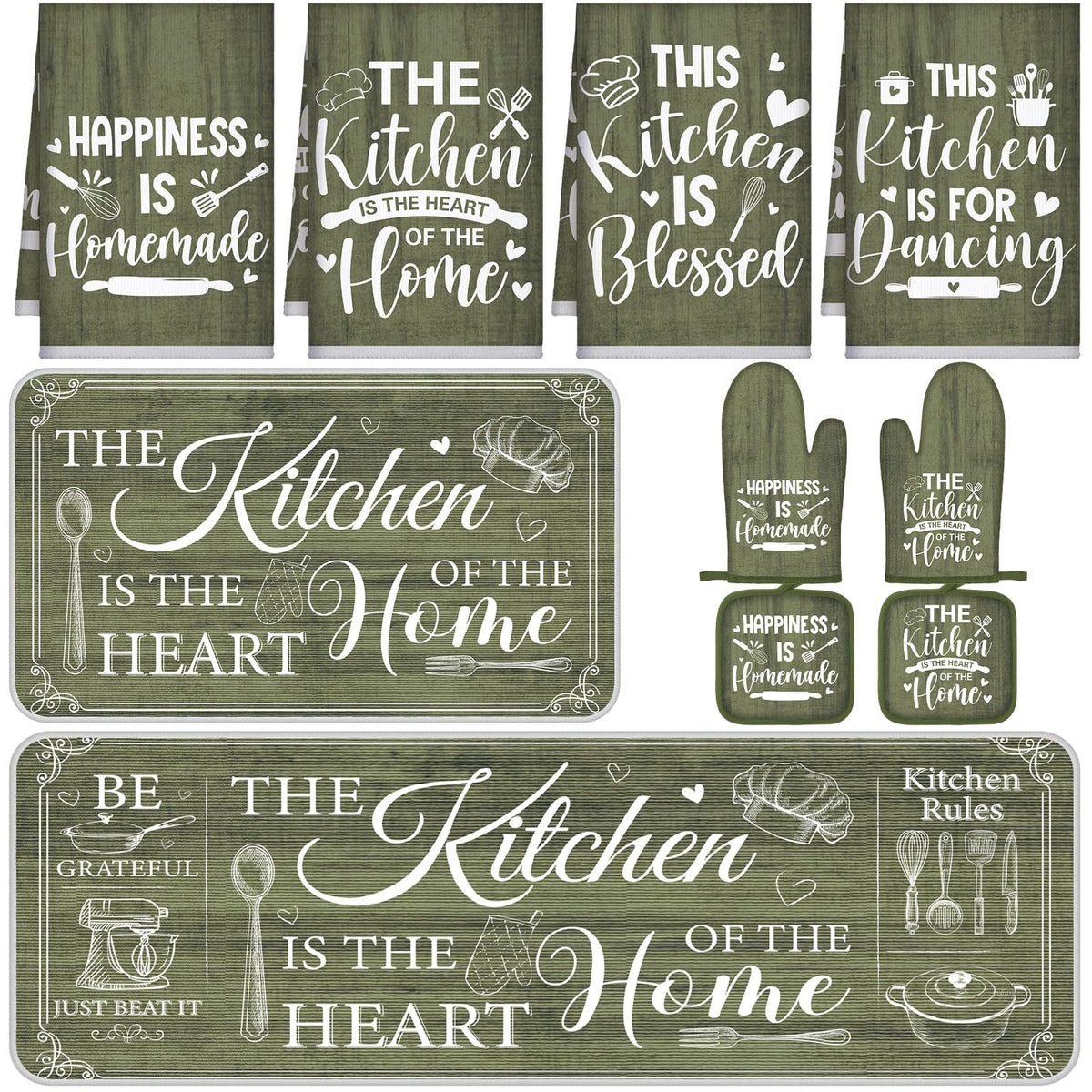 Fourluoo 10 Pcs Farmhouse Kitchen Decor and Accessories Set 4 Kitchen Towels 2 Pot Holders 2 Oven Mitts 2 Rugs for Cooking Baking Mom Housewarming Gifts(Sage Green,Classic Style)