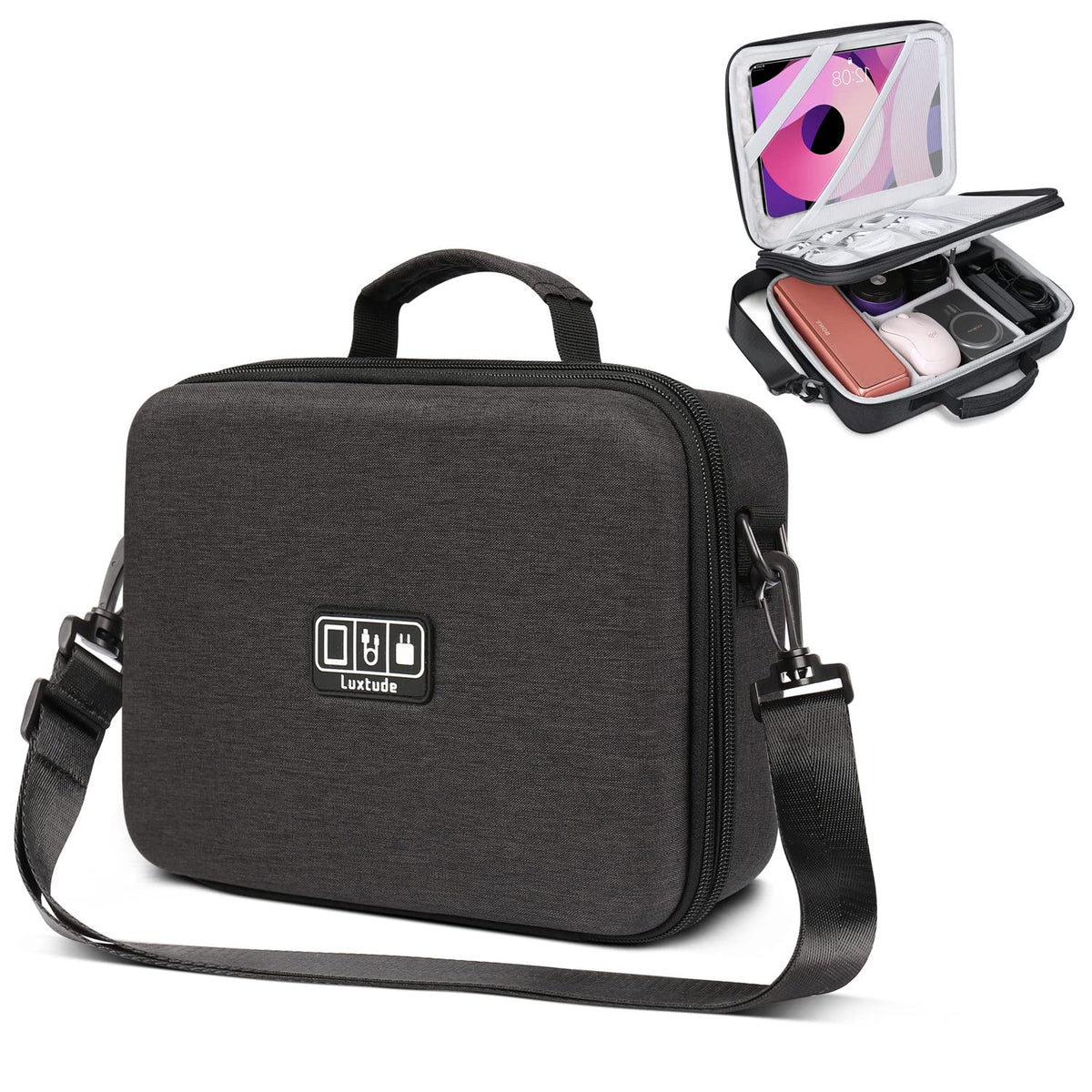 Luxtude Electronic Organizer Travel Case Large, Hard Case for Electronics with Shoulder Strap, Fits for iPad (Up to 11’’), Tech Gifts