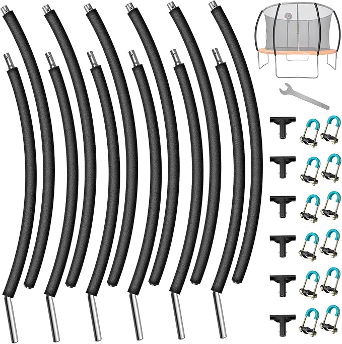 6PCS Trampoline Curved Poles, Universal Trampoline Replacement Enclosure Pole Fits for 8-16FT Curved Trampoline Frame, Galvanized Trampoline Replacement Parts with Foam Cover, T Connector & Hardware