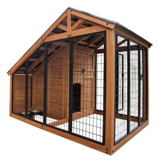 Backyard Discovery 7' x 5' Waggin' Retreat Cedar Wood Large Dog Kennel with Galvanized Steel Roof, Feeding Door, Doghouse Back Door, Water and Food Tray, Secure Lock Gate for Safe Outdoor Pet Shelter