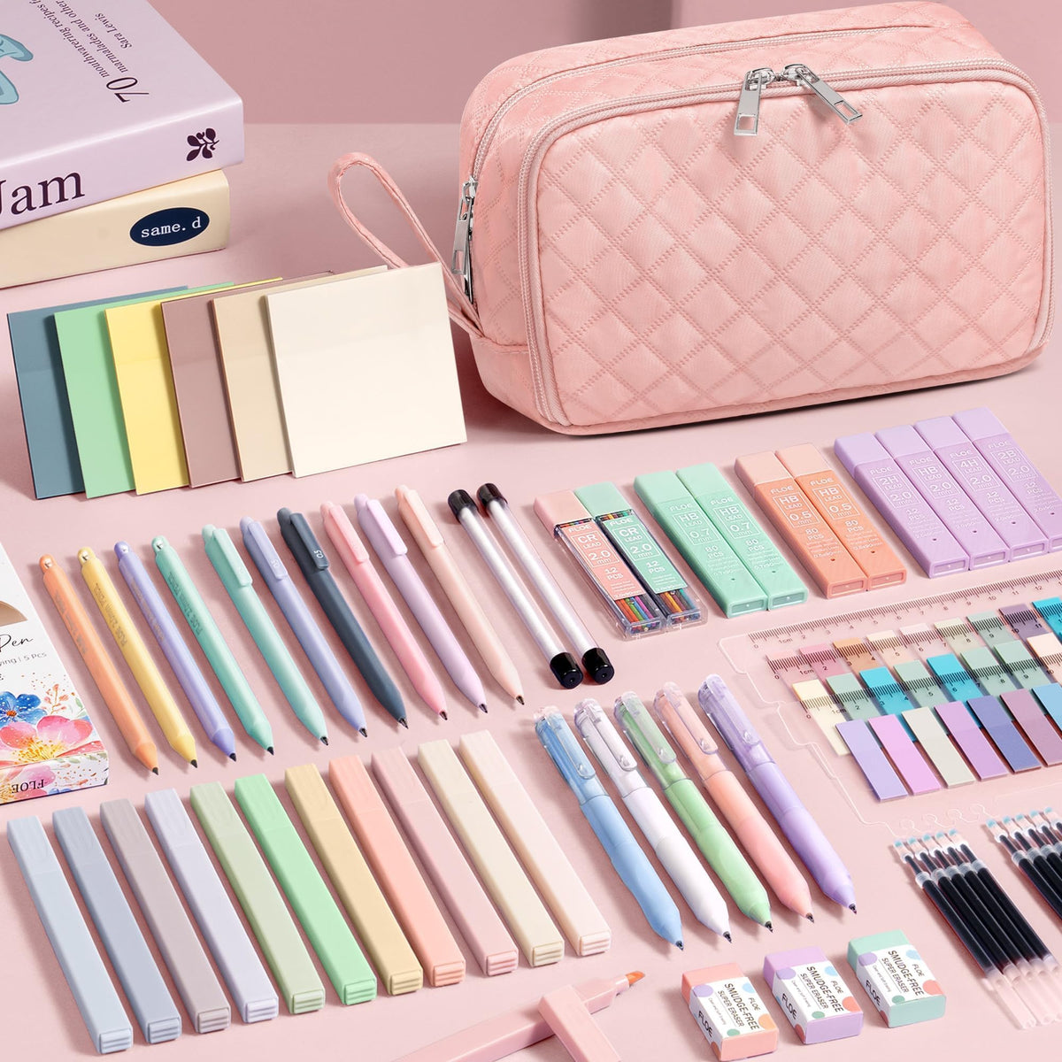 62PCS Aesthetic School Supplies with Cute Pencil Case, Pastel Highlighters Black Ink Gel Pens Mechanical Pencils Kit, Back to School Supplies College Essentials Preppy Stationary Set for Student Girls