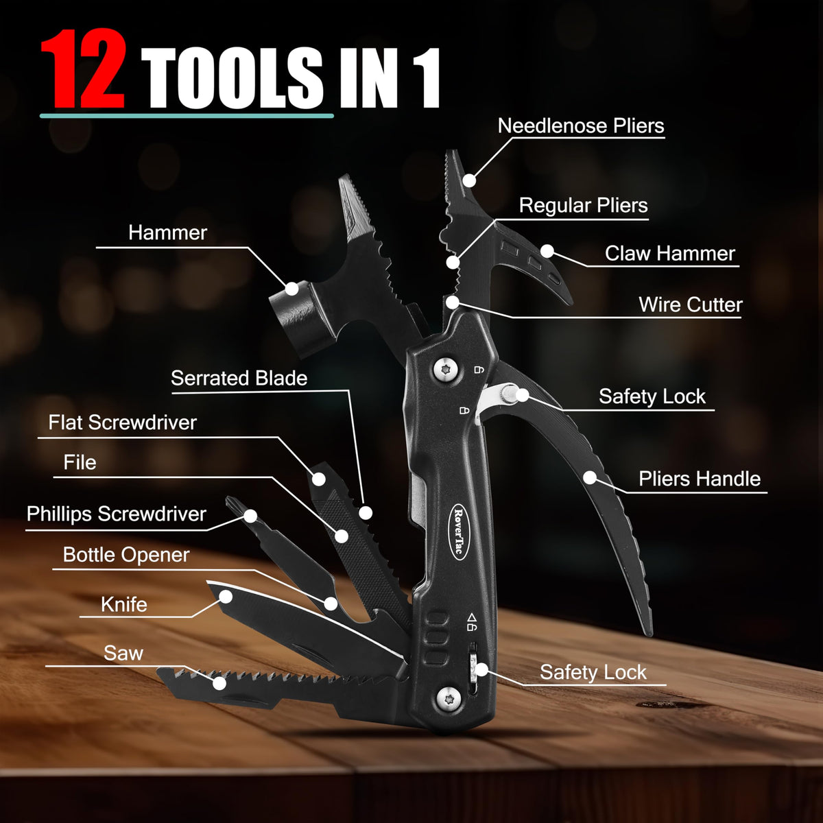 RoverTac Dad Tool Gift Set, 12-in-1 Multitool Hammer, Flashlight & Utility Knife in a Gift Box with "BEST DAD EVER", Unique & Practical Gift for Dad on Father’s Day, Birthday, Christmas & Retirement