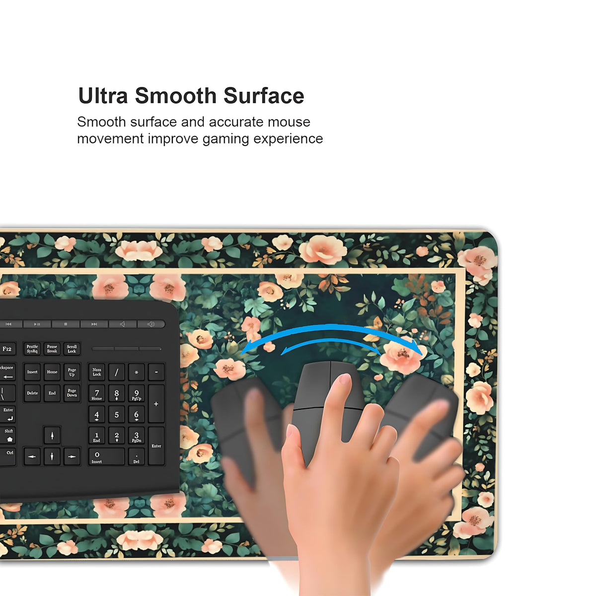 Floral Aesthetic Rose Gaming Mouse Pad, Forest Green Rug Desk Mat with Anti-Slip Base & Stitched Edges,35.4" x 15.7" in Table Mat for Computer Desktop, Beautiful Workstation Decor