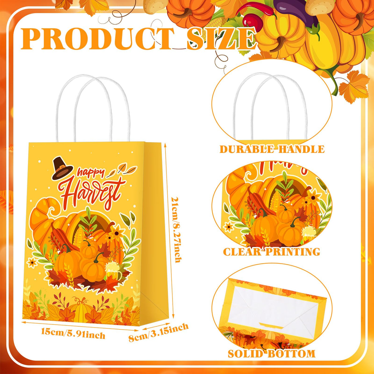 Qeeenar 36 Pcs Thanksgiving Gift Bags Fall Turkey Party Favors Pumpkin Turkey Goodie Candy Paper Bags with Handles Autumn Harvest Treat Pouch for Thanksgiving Party Decorations Supplies