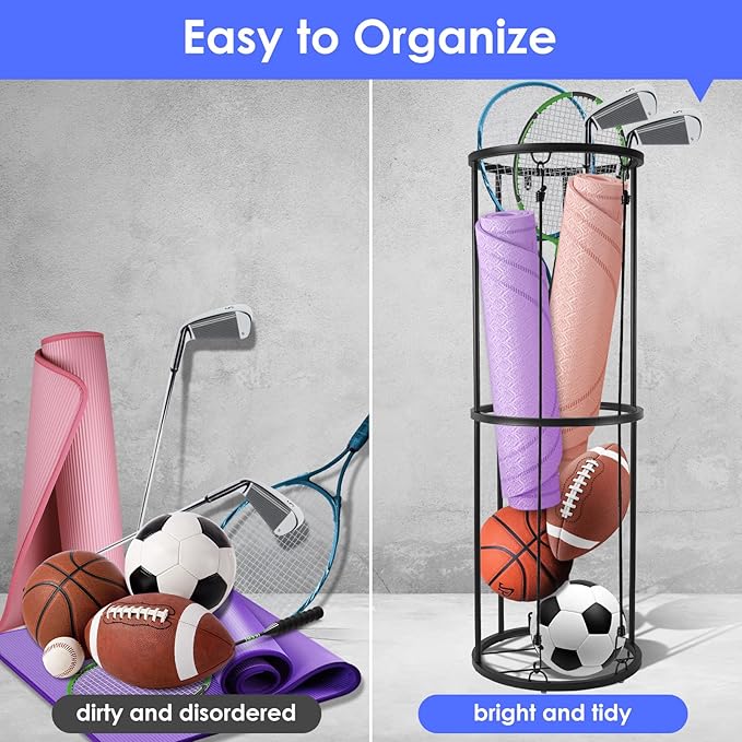 Garage Ball Storage Rack - Wall-Mounted Vertical Ball Holder for Basketball, Soccer, Volleyball, Football - Space-Saving Sports Organizer for Garage, Home, Basement, Kids' Room, Outdoor Use