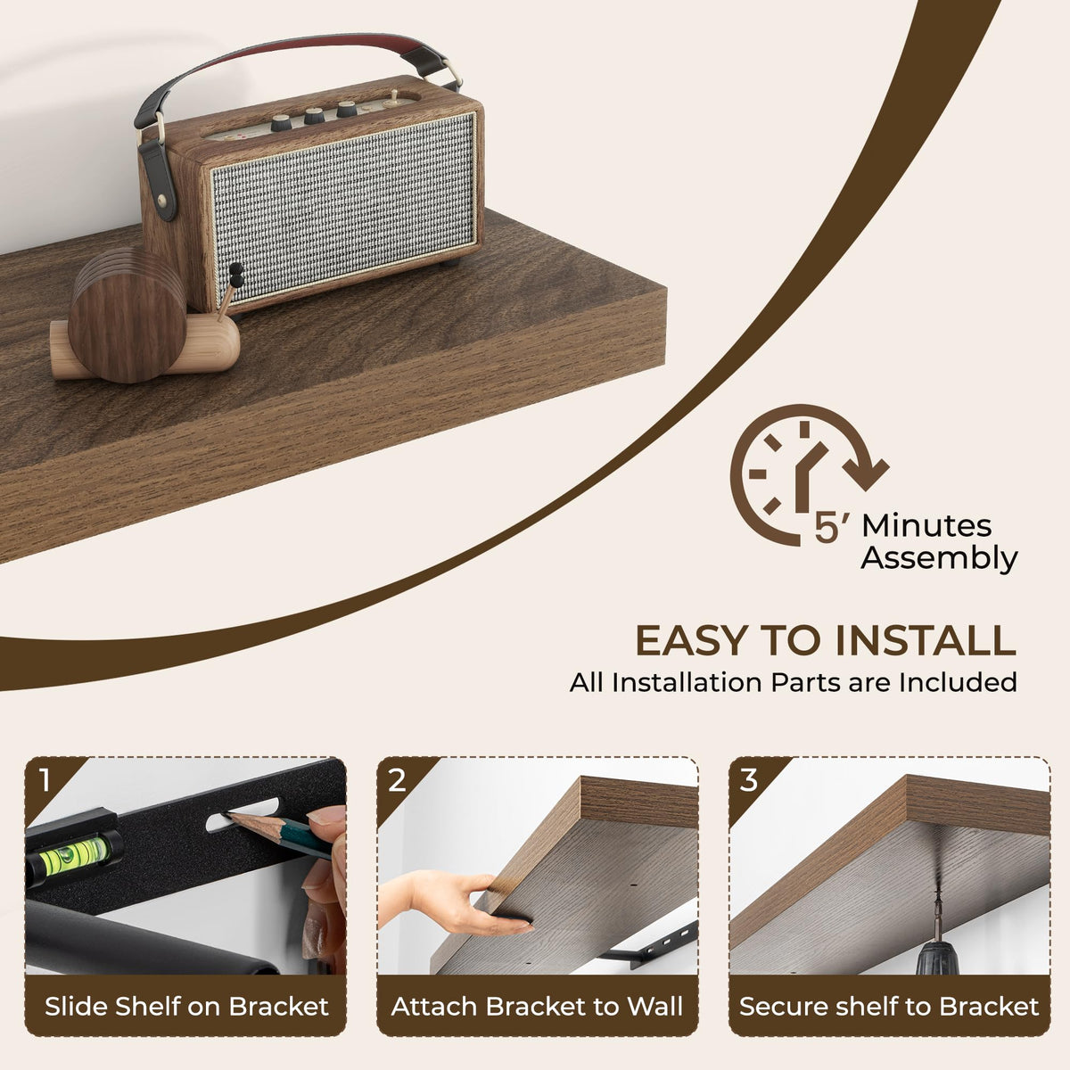 RICHFOCUS 72Inch Floating Shelves for Wall 2 Pack Shelves for Bedroom|Kitchen|Bathroom Wall Mounted Rustic Wood Floating Shelf with Invisible Brackets for Books|Storage|Decor, Walnut