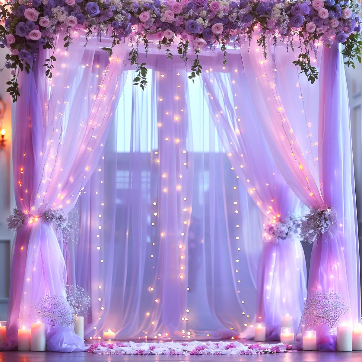 Suppromo 208ft Decorations(4 58ft) Lavender Tulle Backdrop Curtain with Lights String for Wedding Baby Shower Lavender
