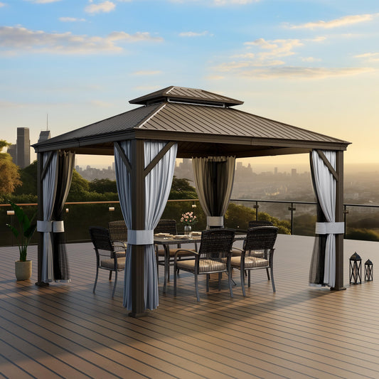 PAMAPIC 10x12FT Premium Hardtop Gazebo, 2-Tier Galvanized Steel Roof with Aluminum Frame, UV-Proof Curtains & Mosquito Netting, All-Weather Outdoor Pavilion for Backyard, Garden & Parties,Brown