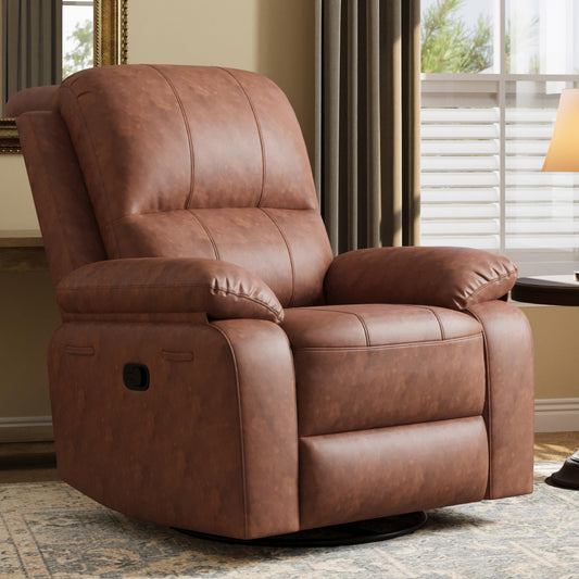 Attalee Leather Swivel Rocker Recliner Chair, Traditional Manual Chair, Upholstered Nursery Glider Rocking Recliner, Comfy Faux Leather Single Sofa with Pocket Spring for Living Room, Camel