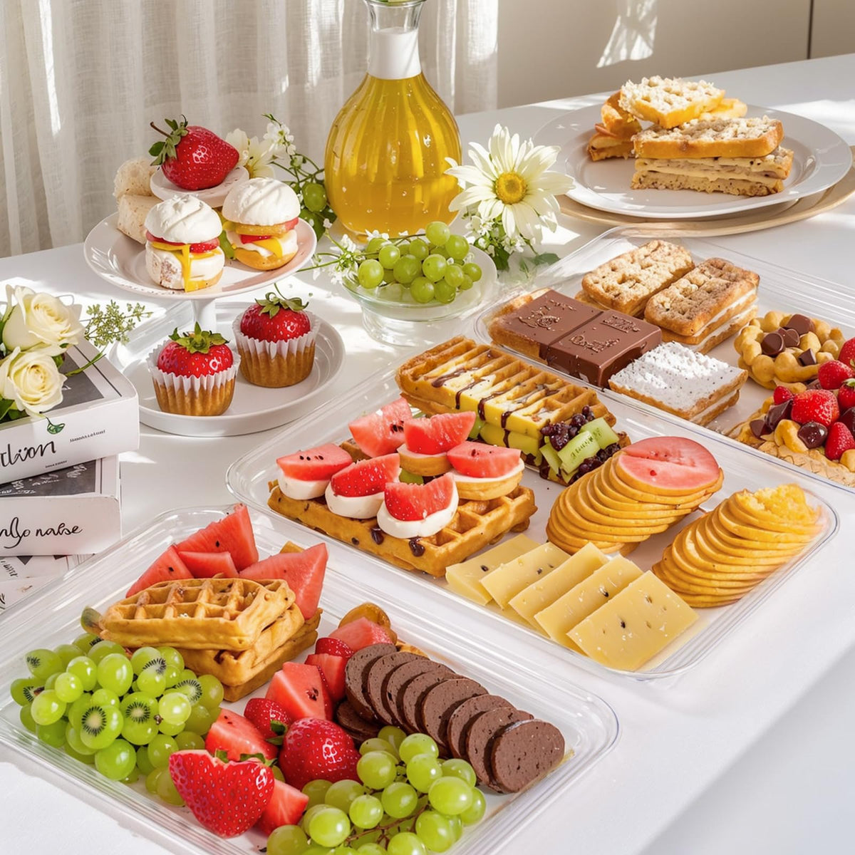 SUT 4-Pack Clear Serving Trays for Entertaining, 16" x 11" Serving Platters for Snacks, Fruit, Cookies, Dessert, Reusable Plastic Trays for Serving Food and Party Organization in Kitchen &for Parties