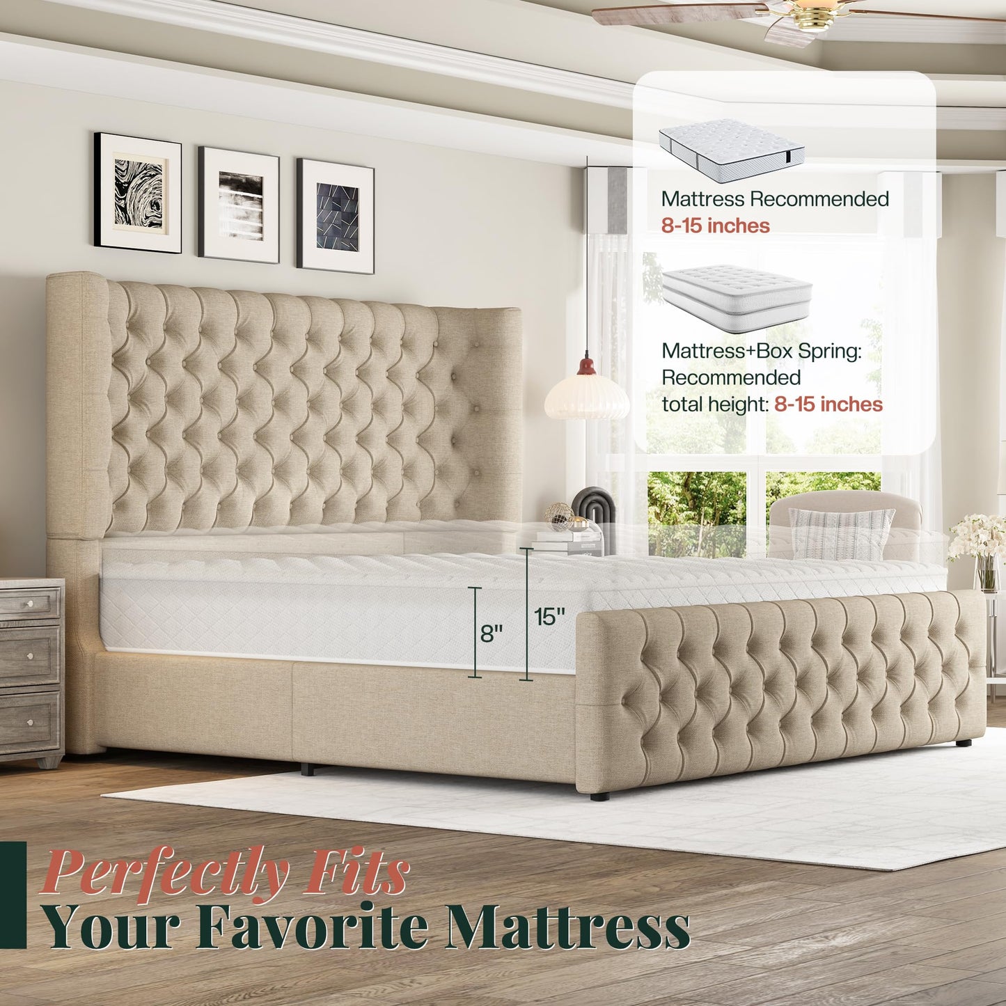 Jocisland Queen Size Platform Bed Frame, 6.3" Thick Upholstered Curved Wingback Headboard and Footboard with Deep Button Tufted, Easy Assembly, No Box Spring Needed, Khaki Linen