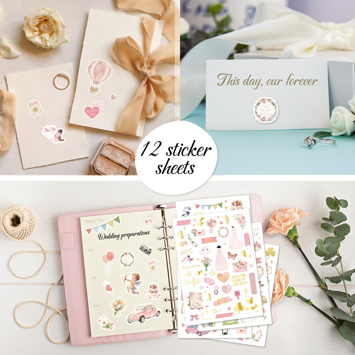 BIROYAL 12 Sheets XL Wedding Stickers for Scrapbooking | Wedding Scrapbook Stickers 6.7" x 9.5" | 450+ Bride Sticker | Bridal Shower Sticker for Engagement, Anniversary, Marriage, Decorations