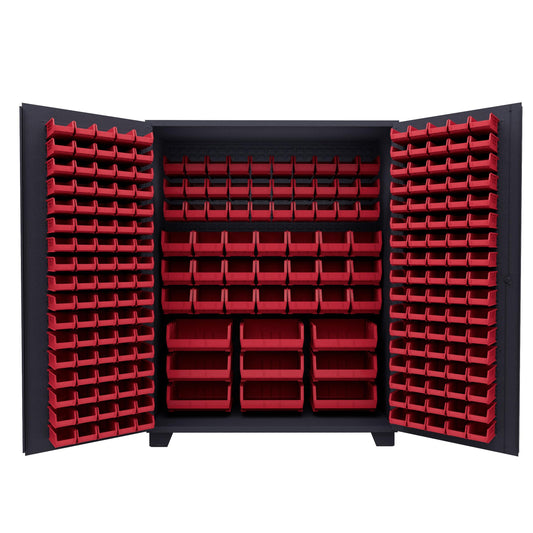 Jamco Tool Storage Cabinets with Bin Mounts, Model DE, Includes 230 Bins, 60-Inch W x 24-Inch D x 78-Inch H, Red Bins