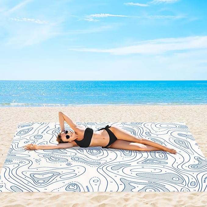 110''×118'' Oversized Beach Blanket for 4-8 Adults, White Waterproof Sandproof Picnic Blanket, Lightweight Foldable Sand Free Outdoor Mat w/ 4 Stakes & Portable Carry Bag for Travel, Camping, Hiking