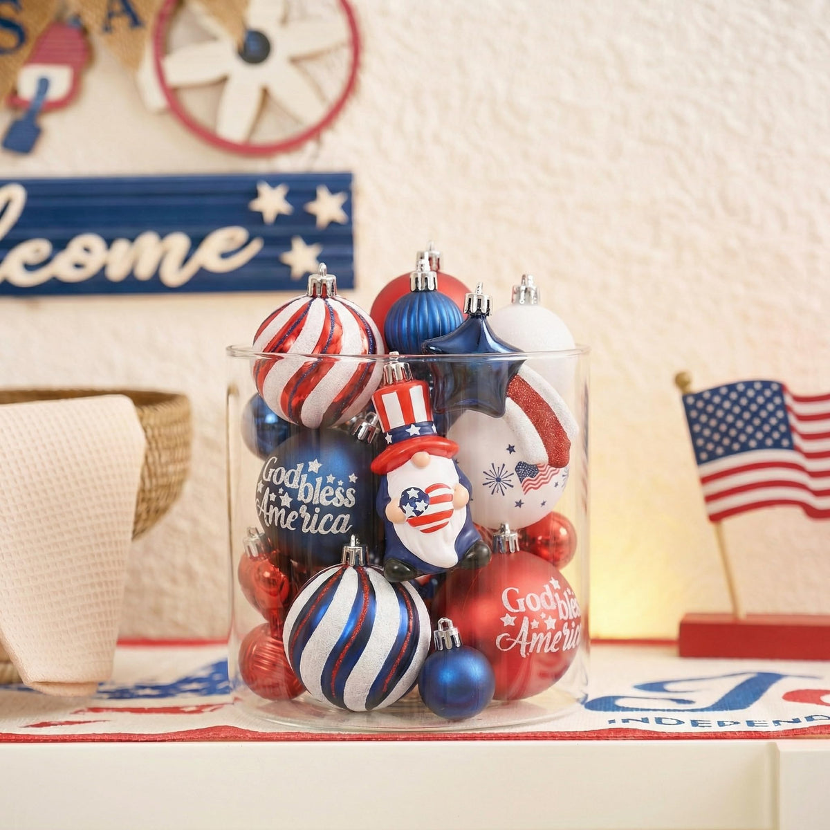 Valery Madelyn 4th of July Tree Decorations for Patriotic Memorial Day Ornaments, 50ct Large Red White Blue Shatterproof Americana Gnome for Independence Day USA 250th Anniversary Hanging Ball Decor