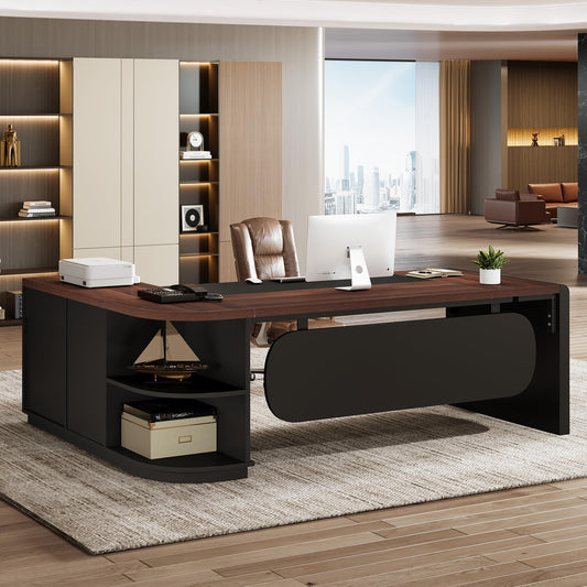 Tribesigns 80'' L-Shaped Desk Set of 4, Large Executive Office Desk with 55'' Drawers Cabinet, Modern Computer Table with Storage Shelves, Business Furniture for Office, Walnut & Black