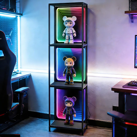 FUSLITE 3 Tier Storage Cabinet with LED Infinity Mirror Light, RGBW Display Cabinet with Adjustable Color Temp for Bedroom Office Gaming Room Decor,Action Figures, Collectibles, Black
