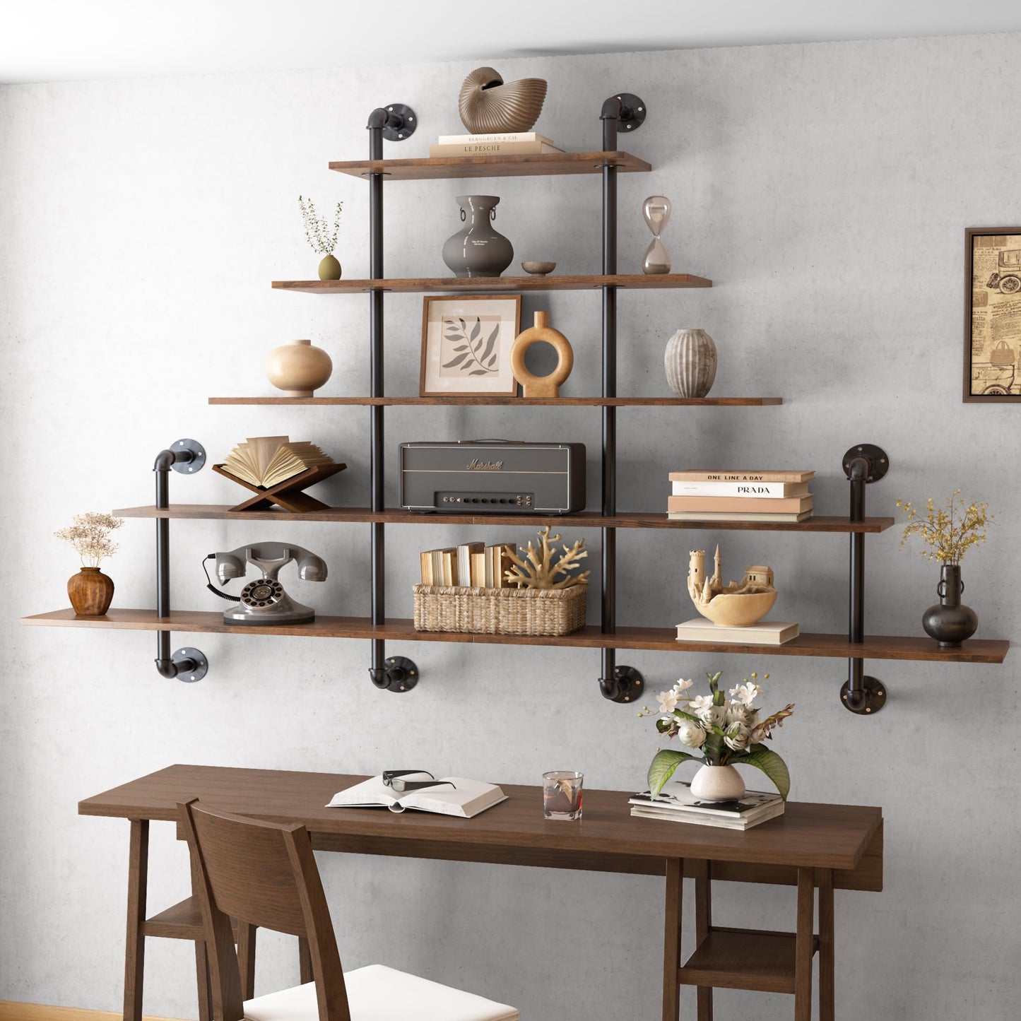70" Industrial Pipe Shelving - 5 tier Rustic Solid Wood and Heavy Duty Metal Pipe Shelves for Wall,Kitchen Shelves Wall Mounted,Floating Bookshelf,Wall Shelves for Bathroom,Living Room,Coffee Bar