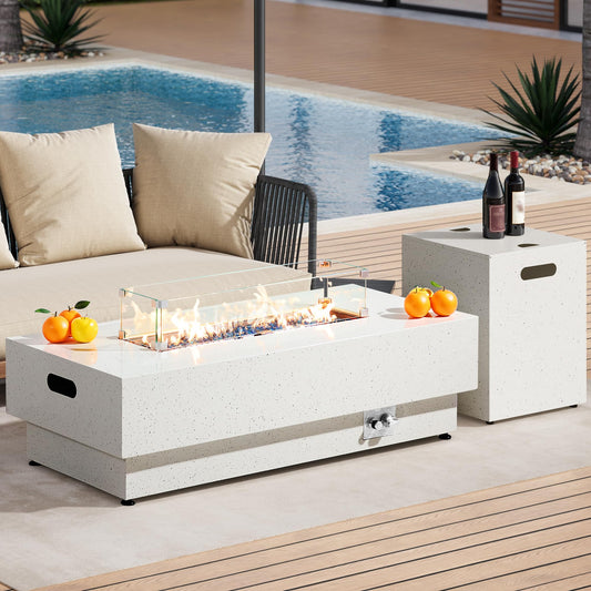 IRONCK 50-Inch Outdoor Propane Fire Pit Table w Tank Table, CSA Certified, Rectangular Patio Fire Pit w Glass Rocks, Wind Guard and Cover, 58000 BTU 2 in 1 Outdoor Heater for Deck Garden, White