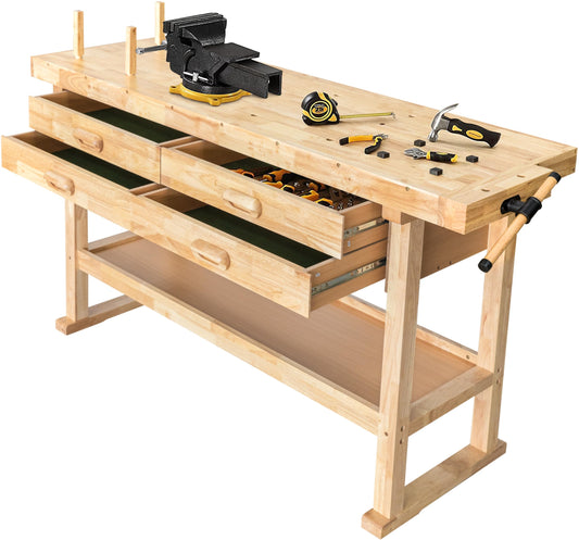 Olympia Tools 64.5” Rubber Hardwood Workbench with 4-Drawers & Clamp, 450 lb Capacity – Heavy-Duty Woodworking Storage, Tools Organizer, and Craftsman Standing Station Table for Workshop