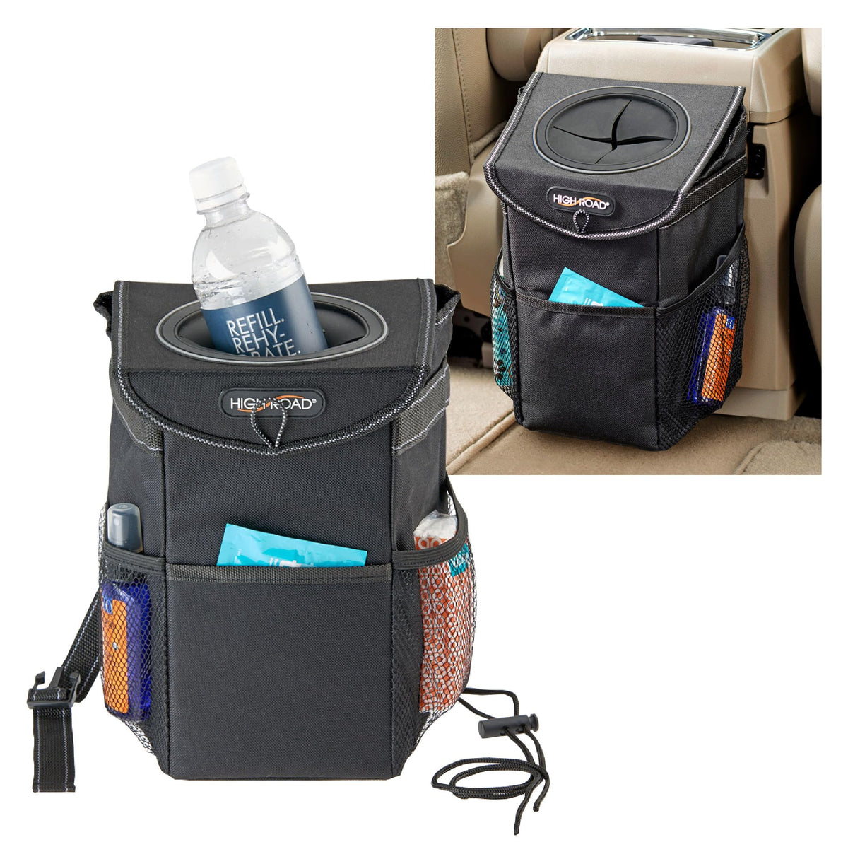 High Road StashAway Heavy Duty Car Trash Can with Rubber Lid, 3 Storage Pockets and Sturdy Panels for Stable Floor or Hanging Seatback Use (Black)