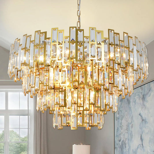 ANTILISHA Gold Crystal Chandelier Lighting Foyer Hall Entry Way Chandeliers Light Fixture for High Ceiling Sloped Pendant Hanging French Empire Style Round Large 31.5 inch