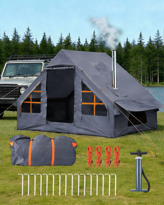AORZCOR Inflatable Camping Tents, Easy Setup Blow up Tent with Hand Pump, 2-4 Person, Glamping Tents with Stove Jack, Tent with Skylight, Waterproof, 4 Season (Grey)