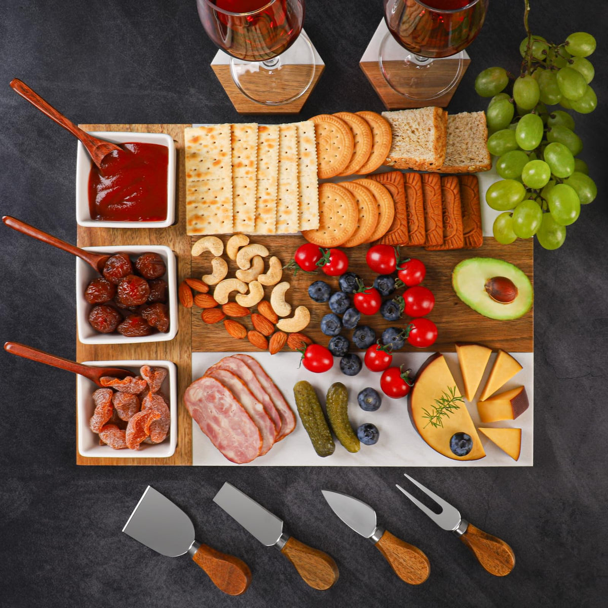Charcuterie Board Set, Marble Cheese Boards, 15.74“ Wood - Marble Cheese Board Set for Couples 2026, Valentine's Day, Bridal Shower, Housewarming Gifts New Home, Gifts for Women