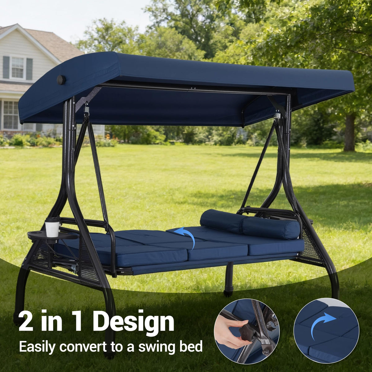 WINVO 2 in 1 Convertible Patio Swing Bed, 3-Seat Outdoor Porch Swing with Adjustable Canopy, Patio Glider Swing for Adult, with Cup Holder and Pillow for Backyard, Blue