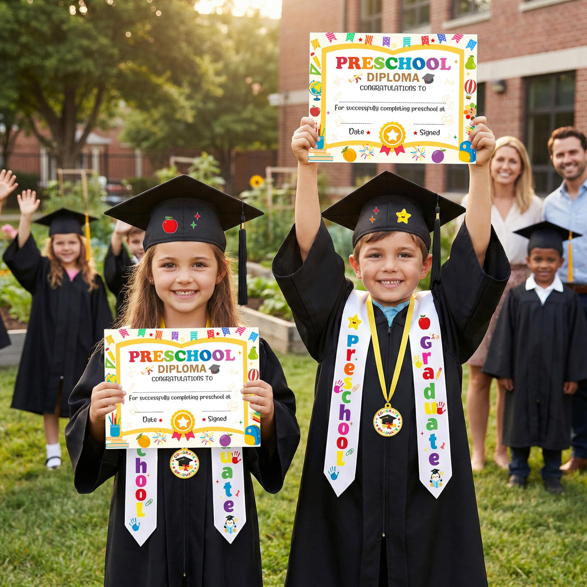 Wehhbtye 12 Pcs Preschool Kindergarten Graduation Cap Stole Iron on Letter Set, Preschool Graduation Cap Stole Decoration Includes Iron on Letters Certificate Medal for Kids Students DIY Craft