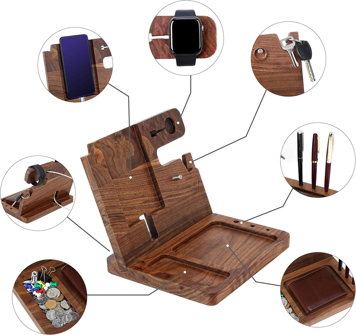 awofer Gifts for Men - Ebony Wood Phone Docking Station - Nightstand with Key Holder, Wallet Stand and Watch Organizer