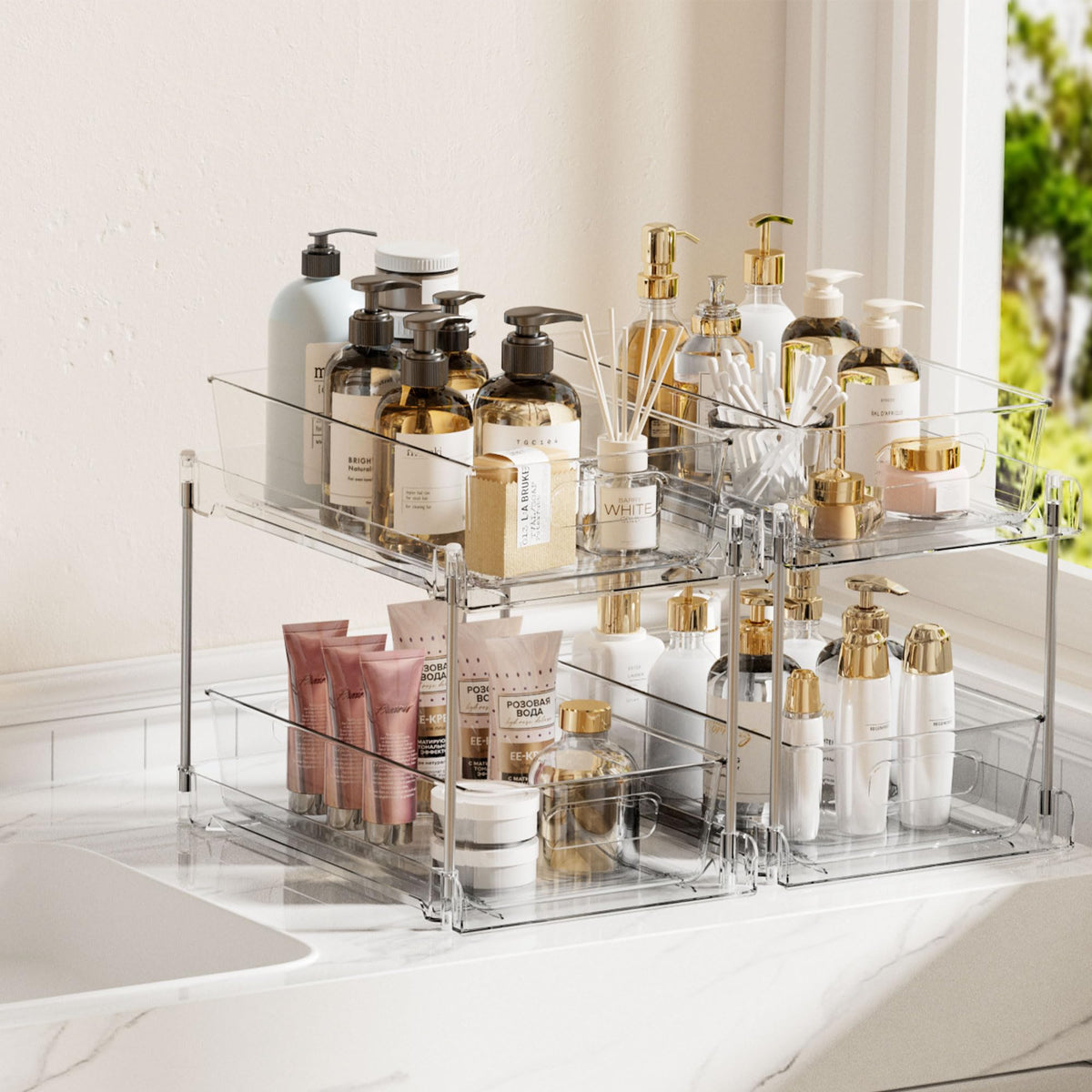 Vtopmart 2 Tier Bathroom Storage Organizer, 2 Pack Clear Under Sink Organizers Vanity Counter Container, Cabinet Drawers Bins, Pull-Out Organization with Track for Pantry, Kitchen
