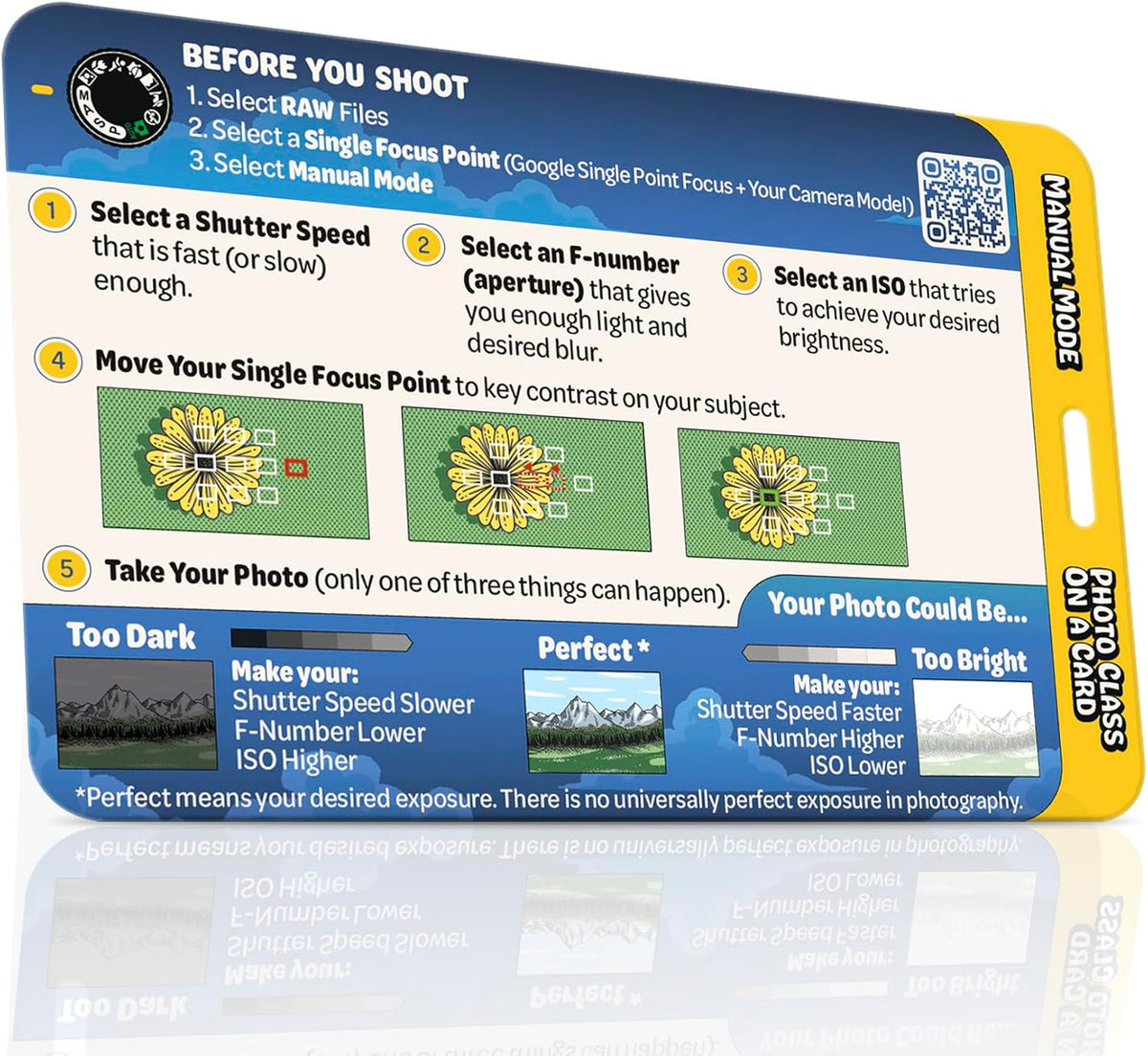 DSLR Workshops Manual Mode Photo Class on a Card & Exposure Guide - Manual Mode Cheat Sheet for Learning ISO, Aperture