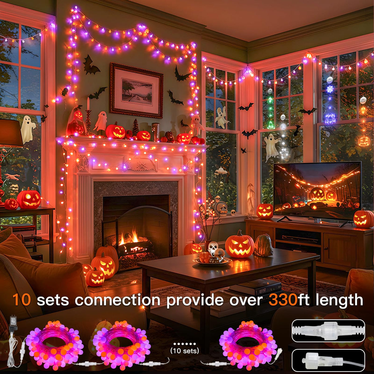 suddus Halloween Lights Indoor with Remote, 33ft 100 Led Purple and Orange Globe String Lights, Fairy Lights Plug in with 8 Lighting Modes for Bedroom, Home, Office, Halloween Decorations
