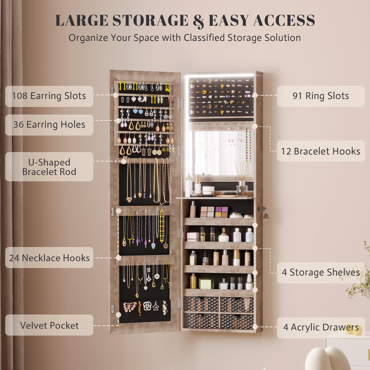 Vlsrka 47.2 Inch Full Length Mirror with Storage, Wall Mount Mirror Jewelry Cabinet, Over The Door Hanging Jewelry Armoire Organizer, Built-in Light, 4 Drawers, 5 Shelves, Christmas Gift (Wood)