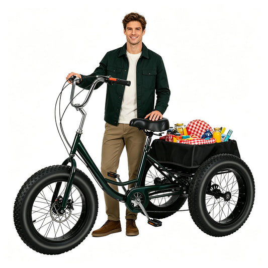 nawoefii Fat Tire Tricycle for Adults 20 Inch, 3 Wheel Bike for Adults Men Women, 7 Speed Cruise Trike with Big Basket, 450 LBS Load All Terrain Heavy Duty Three-Wheeled Cargo Bicycle
